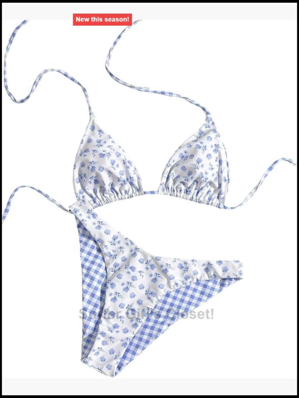 Gingham Floral Bikini Set Triangle Halter Swimsuits Boho Swimwear